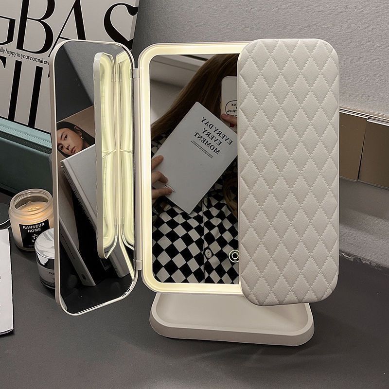 Nuevo espejo de maquillaje de escritorio LED dos en uno conchas de tres caras caja de almacenamiento plegable espejo de vestuario ajustable espejo doble abierto