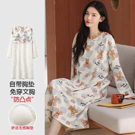 【带胸垫】春秋新款纯棉女长袖睡裙印花休闲女家居服图片色有吊牌