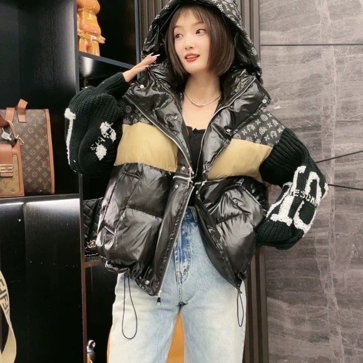 Cross-Border Splicing Denim Collar Hooded down Jacket for Women 2025 Autumn and Winter New Style Knitted Sleeves Fashionable Brand Women's Clothing