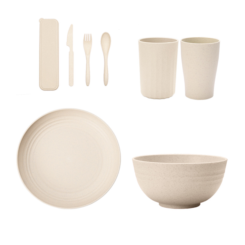 Juego de vajilla de paja de trigo beige, que incluye tazón, taza, plato y cubiertos, cuchillo, tenedor y cuchara portátiles, se pueden imprimir con logotipo, los tazones y platos son aptos para microondas.