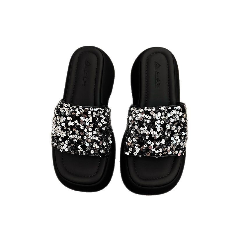 Zapatillas de muffin de diafragma sensitivas de verano para mujeres, una palabra para damas, sandalias de suela gruesa, zapatillas de medio frío, nuevo negro image 6
