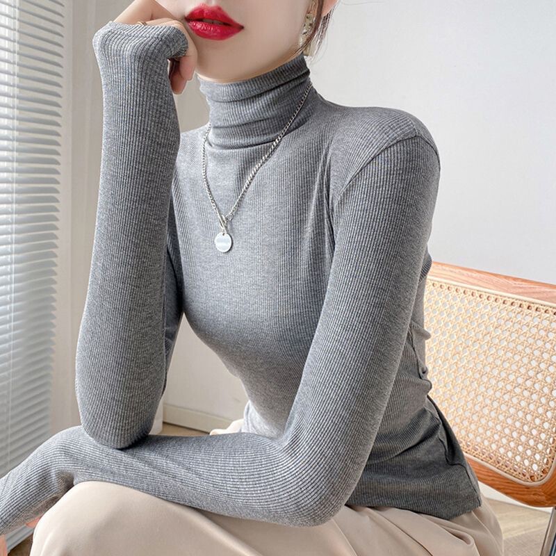 Threaded Grey High Collar Base Shirt Women's New Arrival 2024 Autumn and Winter Thin Stylized Slim Fit Stacked Collar Top Trendy