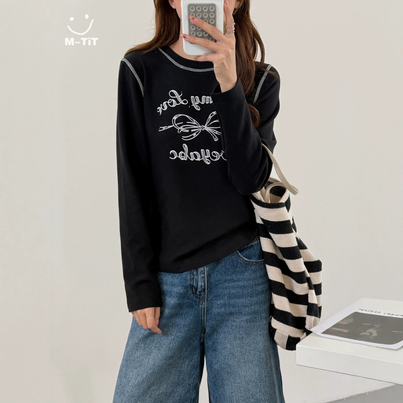 Trendy brand M-TiT slim-fit long-sleeve round-neck top with bow and water-based print, high elasticity and warmth, women's base shirt wholesale