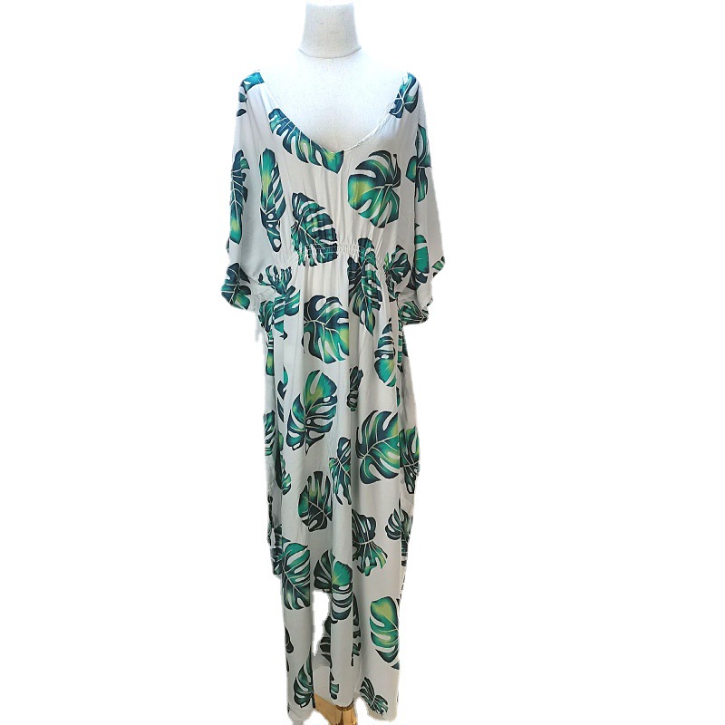 1d64 Europa y América imitación rayón impreso playa blusa sexy más tamaño vacaciones protección solar camisa bikini cover up