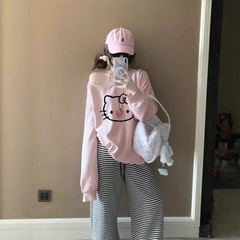 学院风HelloKitty印花卡通斜肩卫衣女2025秋粉色可爱休闲露肩上衣