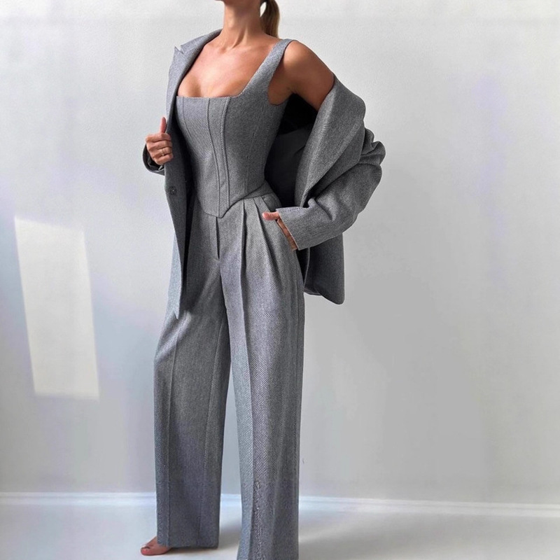 European and American Cross-Border 2025 Women's Fashion Casual Suit Set: Women's Fishbone Strap Blazer, Coat, and Long Pants Three-Piece Set