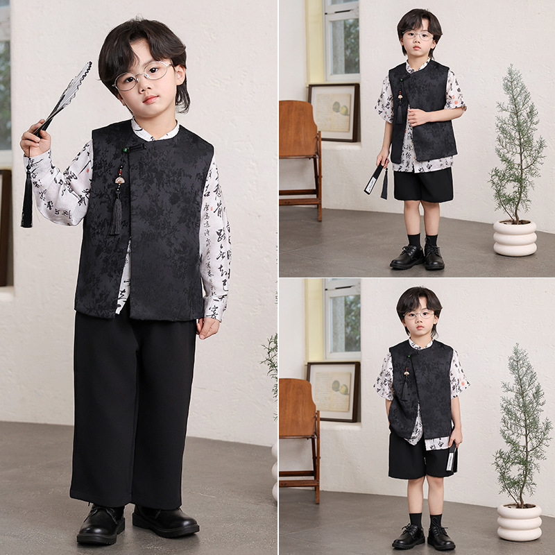 Boys' New Chinese-Style Hanfu Spring, Summer, and Autumn National Trend Jacquard Vest Set Children's Host Runway Performance Outfit