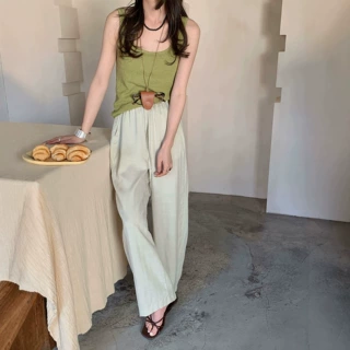 天丝亚麻阔腿裤女夏季薄款高腰显瘦系带直筒慵懒风透气垂感冰丝裤