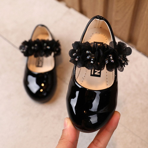 Girls Princess Leather Shoes  Korean Version Girls Rhinestone Lace Baby Shoes Black Performance Shoes Small and Middle Children Single Shoes