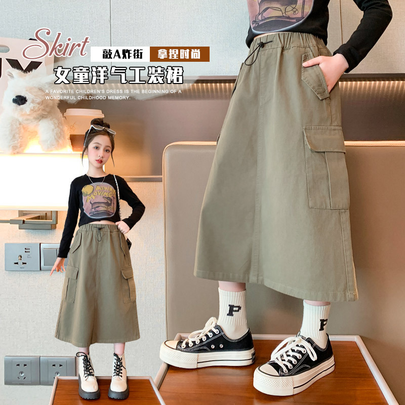 女童工裝裙2023秋裝新款大童休閒半身裙兒童中長款A字裙春秋洋氣