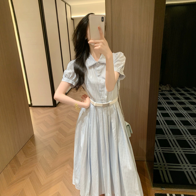 In-Stock Rl Lace-Trimmed Waist-Cinching French-Style Shirt Dress for Women, Slim-Fit, Elegant A-Line Long Dress