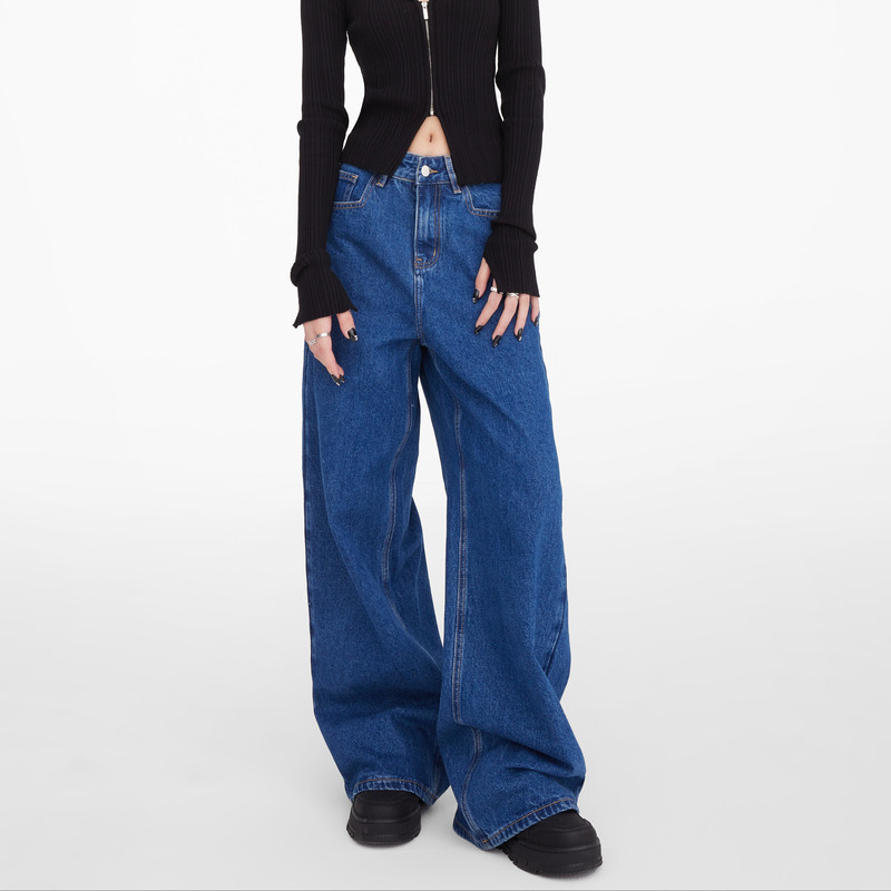 2025 Autumn New Blue High-Waisted Loose Jeans for Women Trendy Slimming Regular Wide-Leg Straight Long Pants