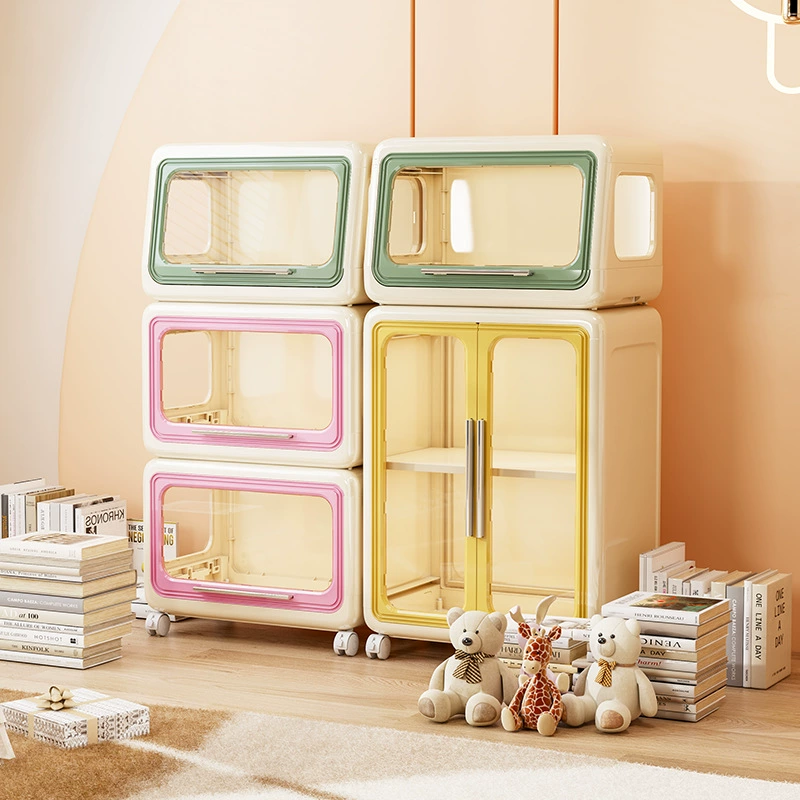 Dustproof stackable storage cabinet, cartoon kids organizer, multi‑layer with removable casters
