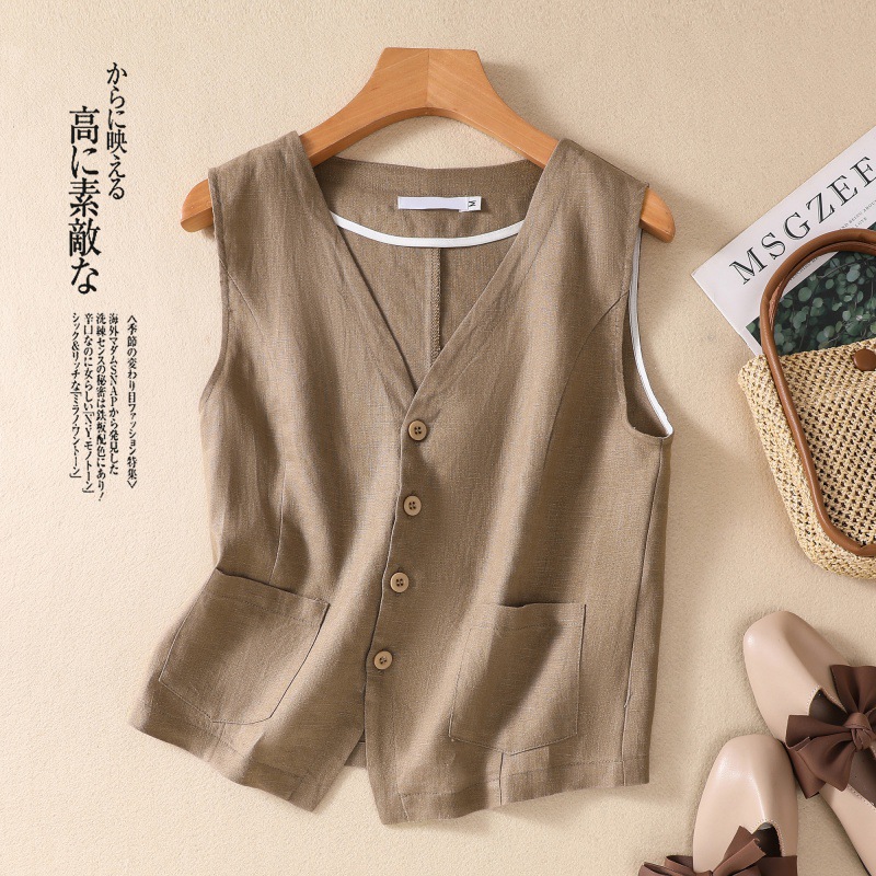 Real Shot of 2025 New Summer Style Literary Loose Pure Color Cotton and Linen V Neck Vest Vest Women's Outwear Vest Top