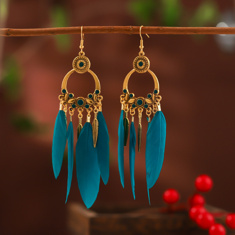 1 Pair Ethnic Style Feather Alloy Plating Women's Drop Earrings display picture 2