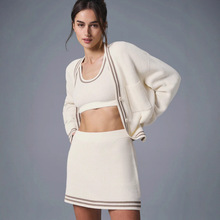 外贸女装新款跨境开衫单排扣针织外套长袖撞色边口袋毛衣开衫套装