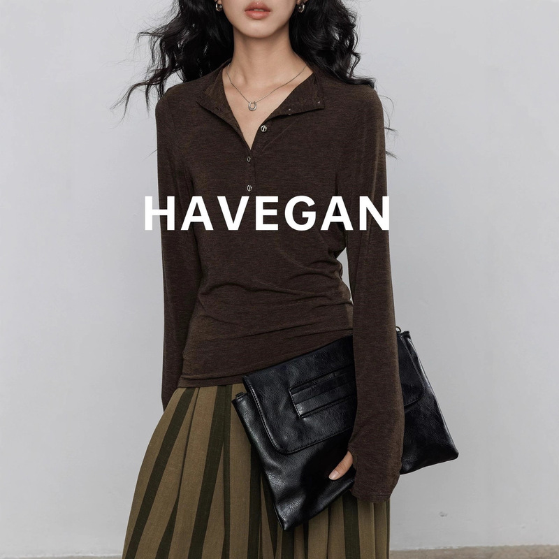 Havegan/Long-Sleeved Bottoming Shirt for Women 2025 New Henry Collar Slim Stretch Top