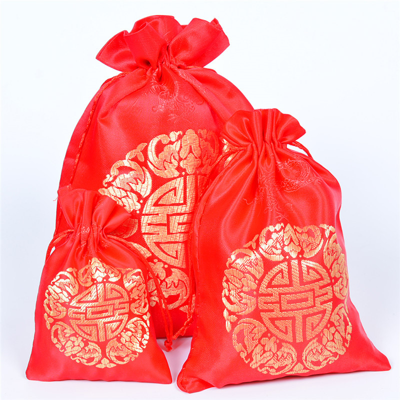新年红色刺绣喜字袋织锦缎锦囊抽绳束口袋珠宝首饰礼品包装袋批发|ms