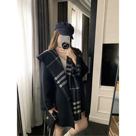 现 2025冬季新款复古斗篷披肩双面羊毛格纹毛呢大衣外套