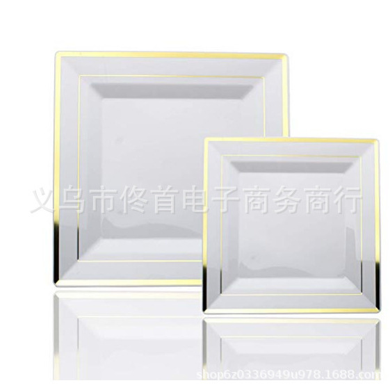 Disposable dinner plate set suit 6.5 inch 9 inch white square bronzing plate plastic western silver edge 25 suit Disposable dinner plate set suit 6.5 inch 9 inch white square bronzing plate plastic western silver edge 25 suit