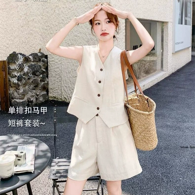Льняной костюм-двойка Temperament 2025, жилет, новый летний повседневный костюм без рукавов, шорты, женский жилет, простой
