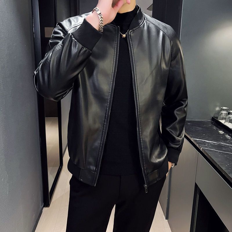 Men's Leather Jacket, Spring and Autumn Style, Baseball Collar, Thin Korean Version, Slim Fit, Trendy Men's Casual Genuine Leather Jacket