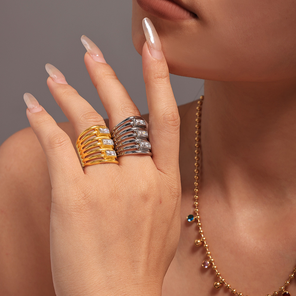 Square Sugar Multi Layer Square Zircon Exaggerated Ring Women's Fashion Hollow Out Versatile Stainless Steel Non Fading Finger Ring_voghion.com