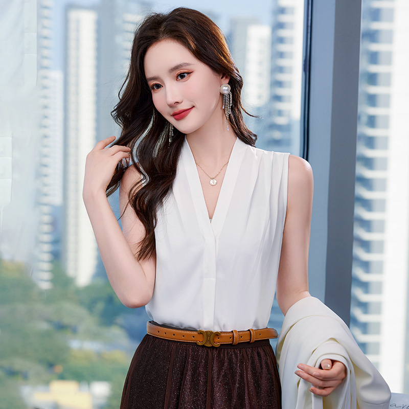 White V-neck Shirt Women's Sleeveless Chiffon Top Summer Camisole Design Satin Shirt