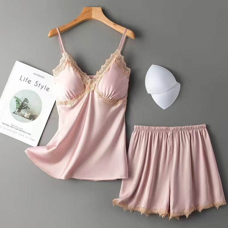 New Ice Silk Women's Pajamas, Suspenders, Shorts, Home Clothes, Two-Piece Set, Lace Trim, Breast Pads, Push-Up Sexy Pajamas New Ice Silk Women's Pajamas, Suspenders, Shorts, Home Clothes, Two-Piece Set, Lace Trim, Breast Pads, Push-Up Sexy Pajamas
