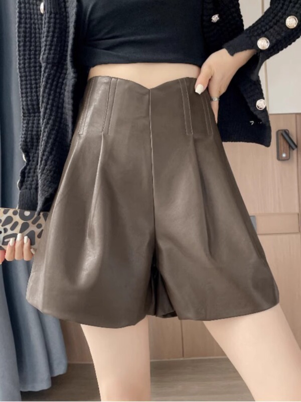 Pu Leather Shorts for Women American Style Spicy Girl High-Waisted A-Line 2024 Autumn and Winter New Outerwear Slimming Base Wide-Leg Boot Shorts
