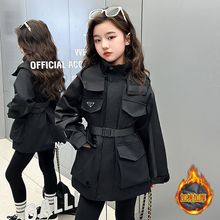 女童外套秋冬款2025新款儿童女孩大童秋装中长款炸街连帽收腰风衣