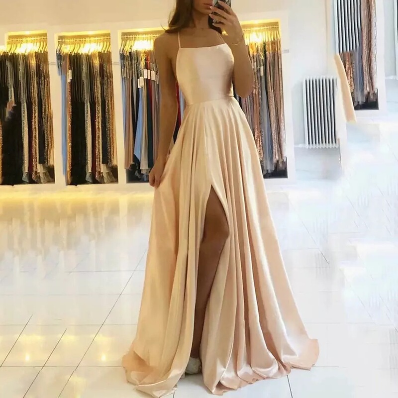 Amazon European and American Bridesmaid Dress Long Dress Slim Shoulder-Shoulder BFF Formal Dress Simple Sexy Split