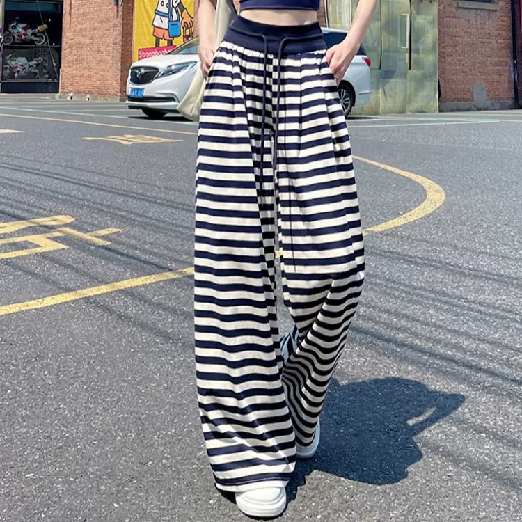 美式高腰抽绳条纹休闲裤女夏欧美跨境外出弹力宽松阔腿运动裤长裤