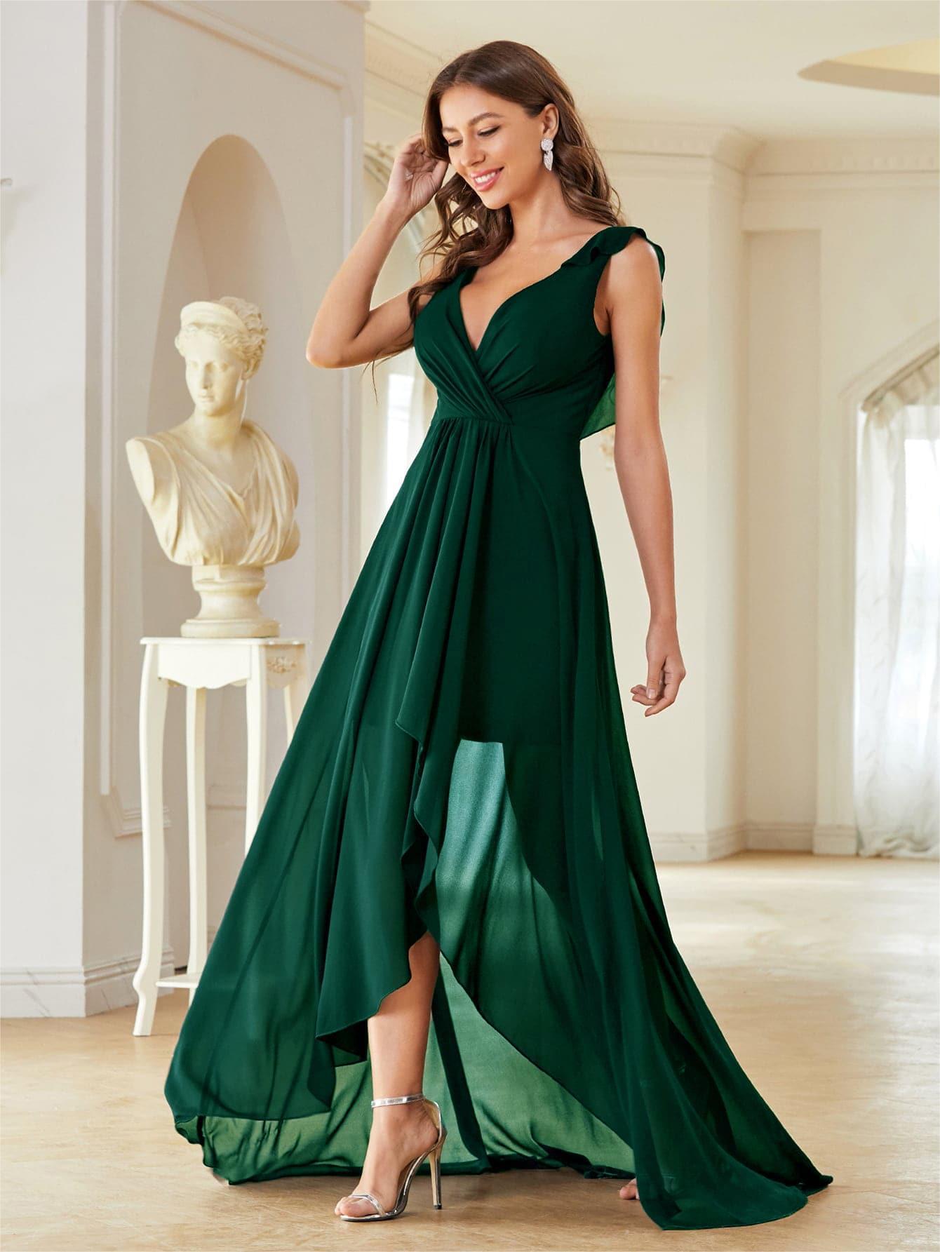 Vestido de noche de gasa con cuello en V eBay nuevo pecho plisado sin respaldo delantero corto trasero largo vestido de baile vestido de fiesta vestido de dama de honor