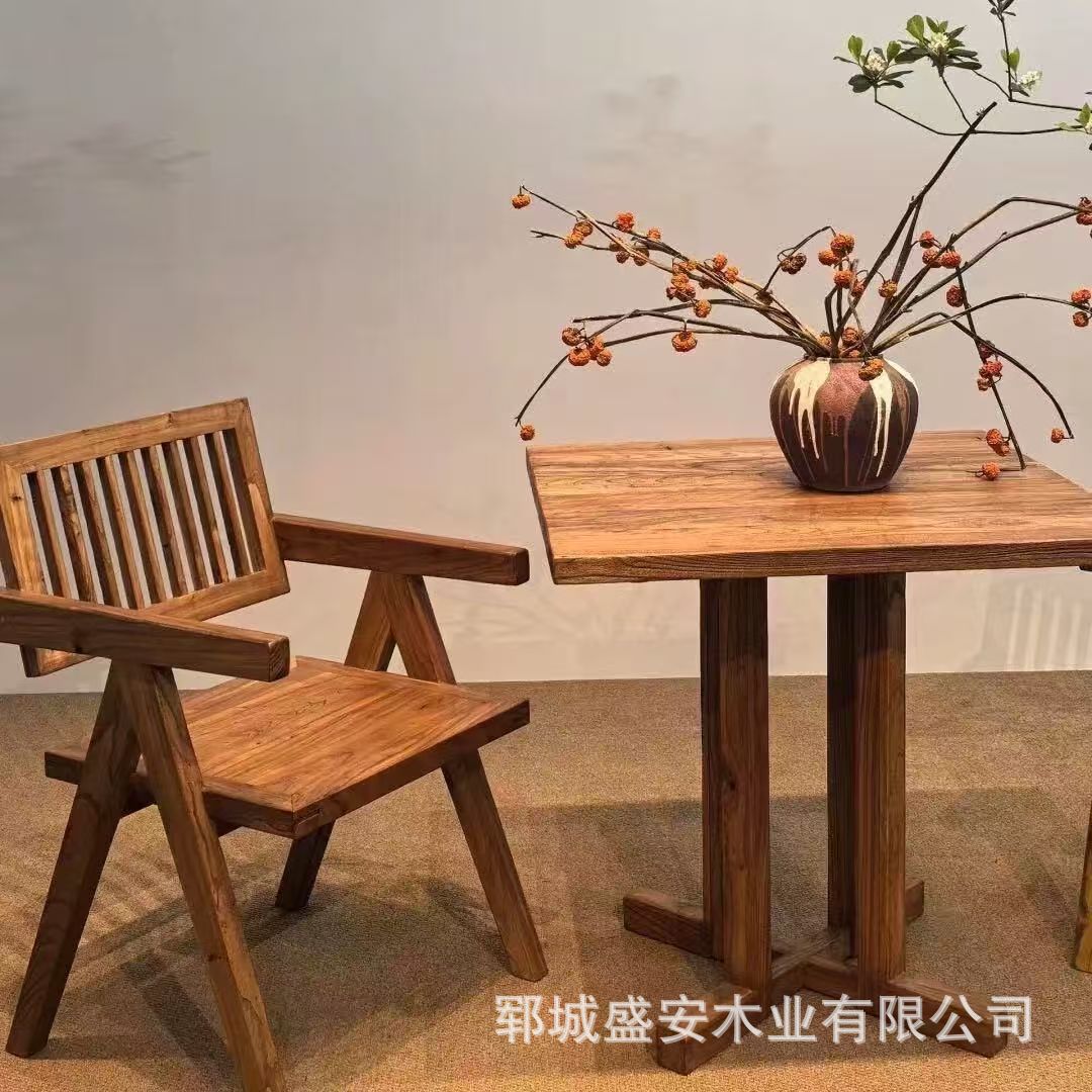 Wabi-Sabi Style Old Elm Wood Dining Table, Tea Table, Square Table for Guesthouses and Hotels, Solid Wood Coffee Table, Tavern Booth