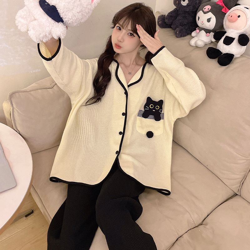 Transfronterizo al por mayor otoño y invierno de algodón waffle lindos cardigans pantalones de manga larga calentamiento ropa de hogar conjunto pijamas mujeres