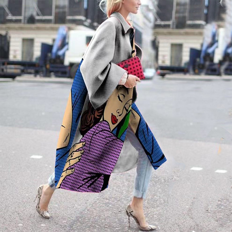 Abrigo de Lana con Estampado y Solapa de Modal Manga Larga para Otoño
