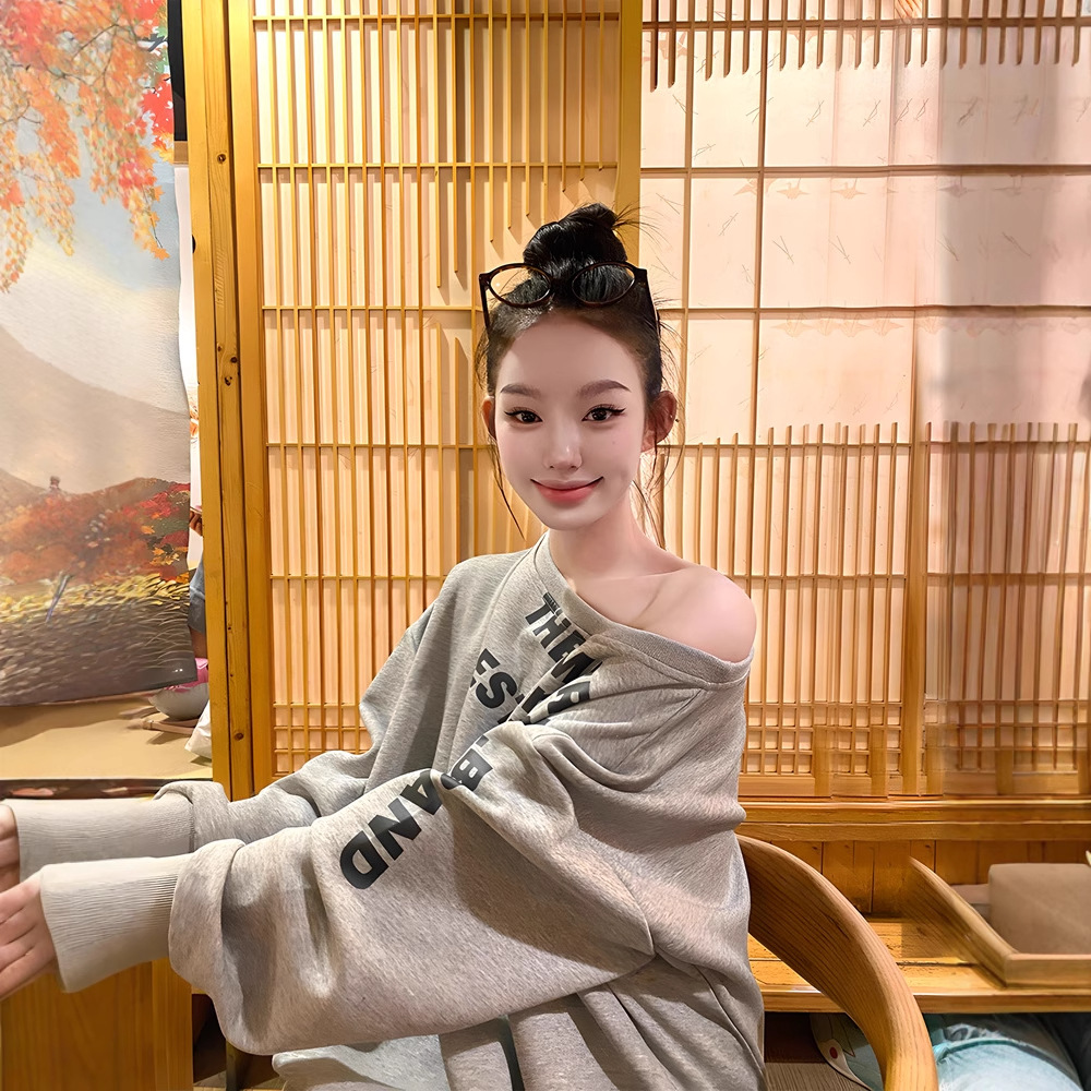 Y2K Autumn and Winter New Fashion All-match Letters Round Neck Sweat Loose Long Sleeve Two-wear off-shoulder Fashion Brand Women's Top