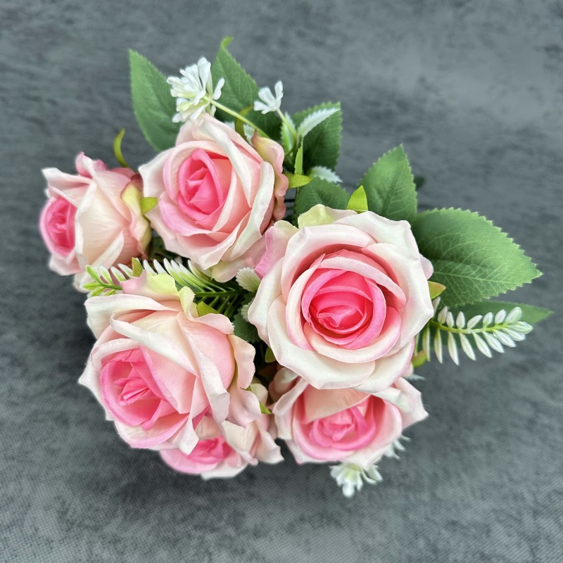 Simulación de 7 rosas rojas hechas a mano ramo de rosas bodas decoración del hogar decoración floral falsa adornos al por mayor