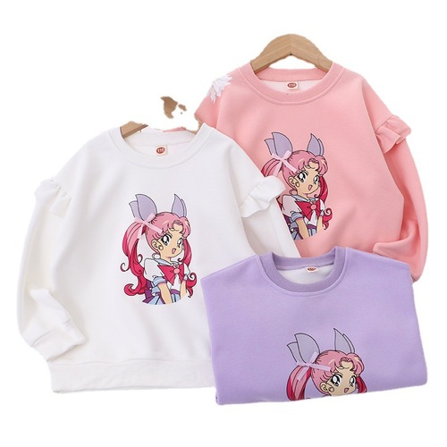 【】Children's clothing new style girls medium and large children's sweatshirts printed beautiful girls cute printed flying sleeves pullover lace