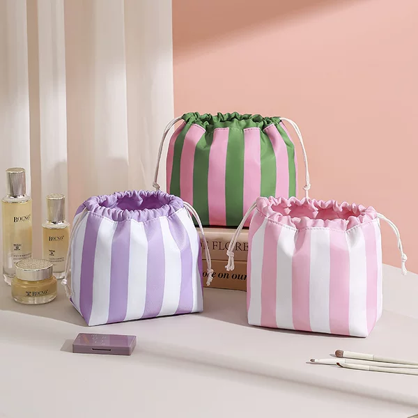 Striped Color-Block Drawstring Makeup Bag, Large Capacity Portable Drawstring Cosmetic Storage Bag, Travel Toiletry Storage Bag