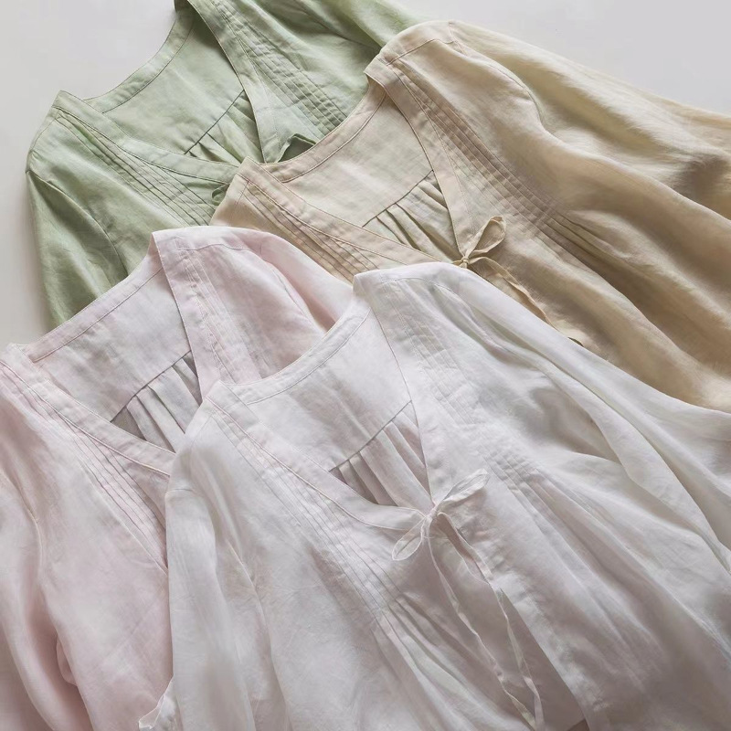 Japanese-Style Commuter Simple 42-Count Lightweight Pure Ramie Transparent Cool Slim Loose Long-Sleeve Tie-Up Cardigan Top