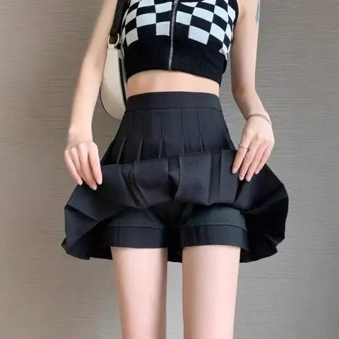 Stretch Elastic Waist Pleated Skirt Women's Spring Summer and Autumn New A- line Small Spice Girls College JK Black Short Skirt