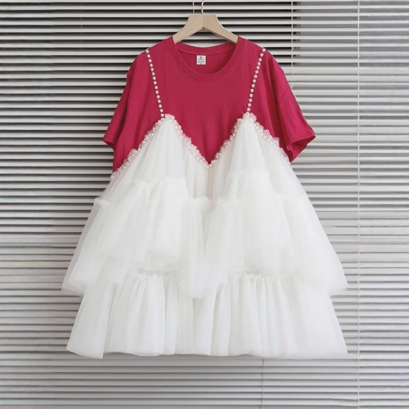 Pearl Color Matching Tutu Skirt Fashionable Girl Women's Mesh Splicing Short-Sleeved T-Shirt Skirt Sweet Mini Dress for Women