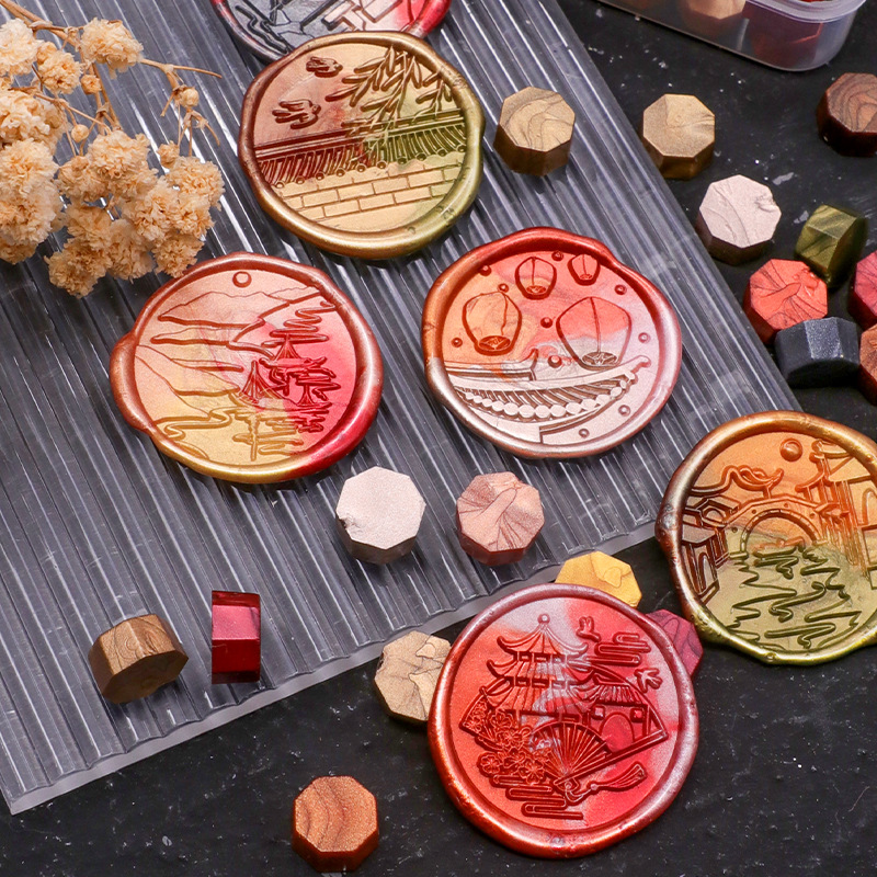 Fuego pintura sello grano de cera de color mezclado sellado sello de cera sobre tarjeta de invitación de boda pegatina caja de regalo octogonal fuego pintura grano de cera