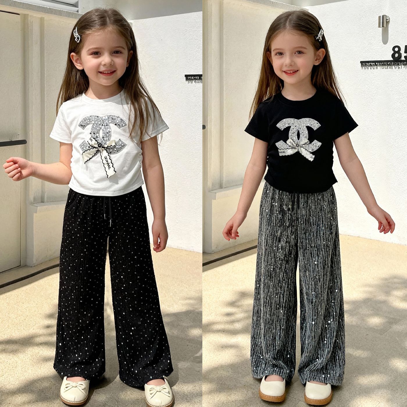 Foreign Trade Girls Summer Clothes European and American Style Little Girl Short-Sleeved Suit Thin Top + Sequined Wide-Leg Pants 2-Piece Set