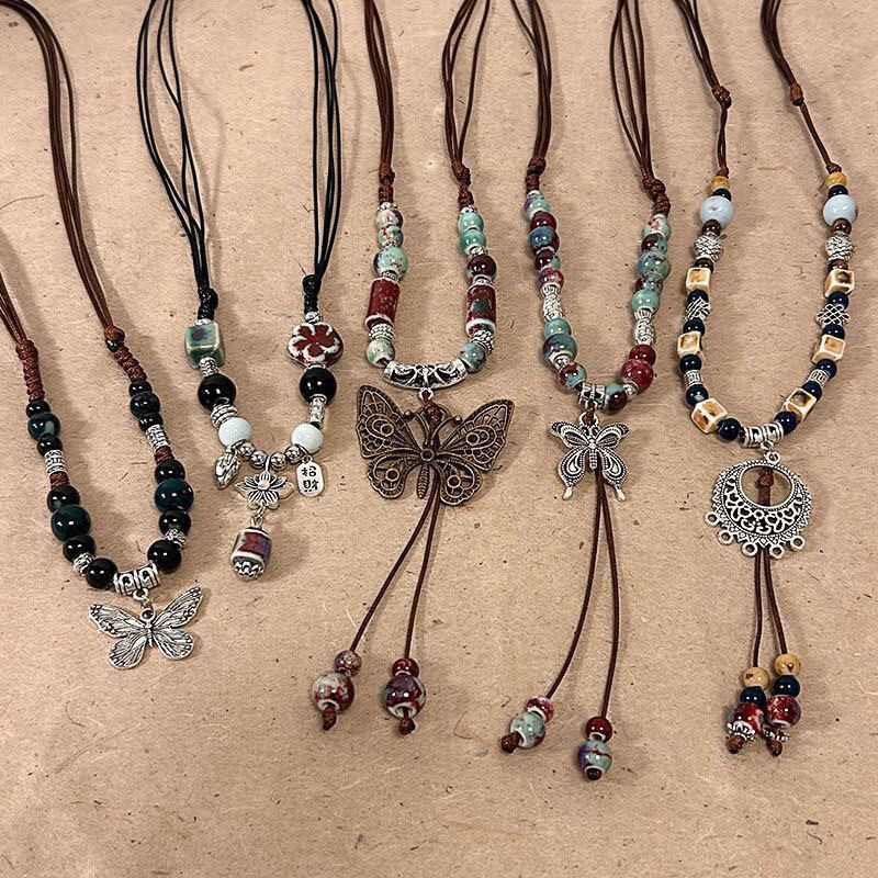 Colorful Beaded Ceramic Butterfly Braided Rope Necklace, New Chinese Style Ethnic Vintage Accessory, Light Luxury Clavicle Chain