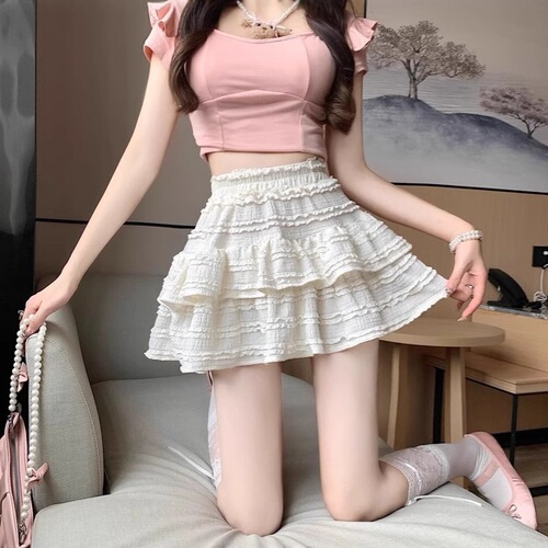 2025 summer new Korean style sweet and slimming French fluffy skirt, high-waist a-line skirt, cake short skirt, women