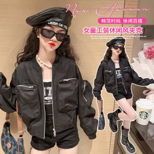Girls' autumn three-dimensional pocket workwear jacket 2023 new children's fashionable sports casual middle and big children's jacket