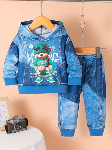 INS Baby & Toddler Boys Spring & Autumn Denim Style Bear Print Hooded Long Sleeve Fleece Set Trendy